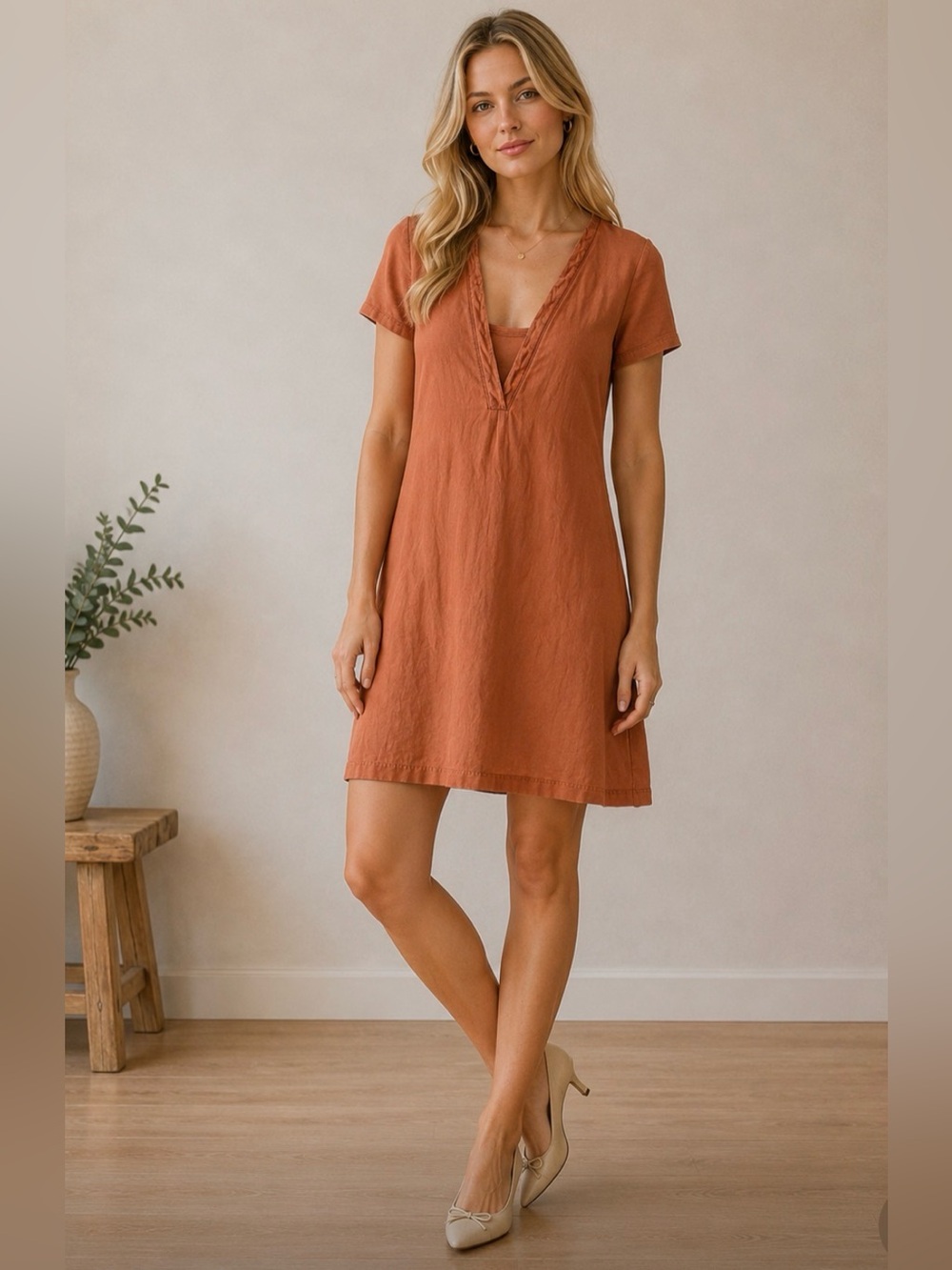 SANDWICH Linen Rust Orange Short Sleeve V-Neck Shift Dress
